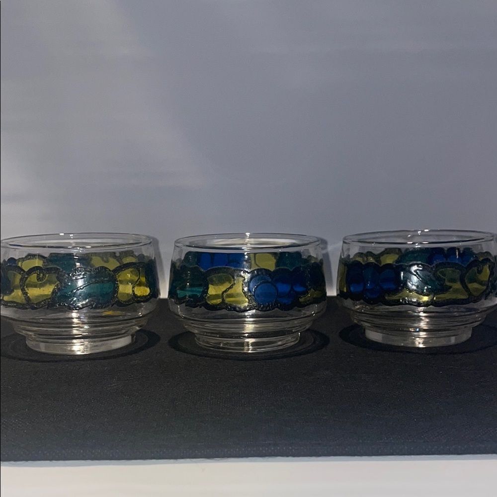 Set of Three Glass Candle Holders with Blue and Yellow Design